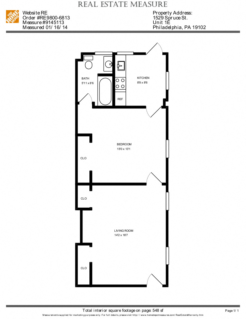 Floor plan for 1 bed, 1 bath, 600 sqft